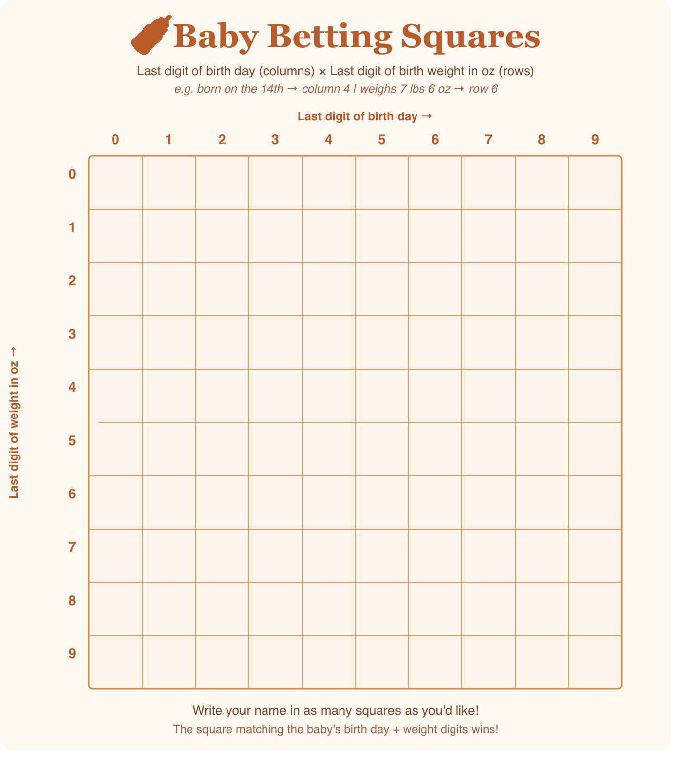 Free printable Baby Shower Squares template PDF. Download the 10x10 birth day and birth weight squares game.