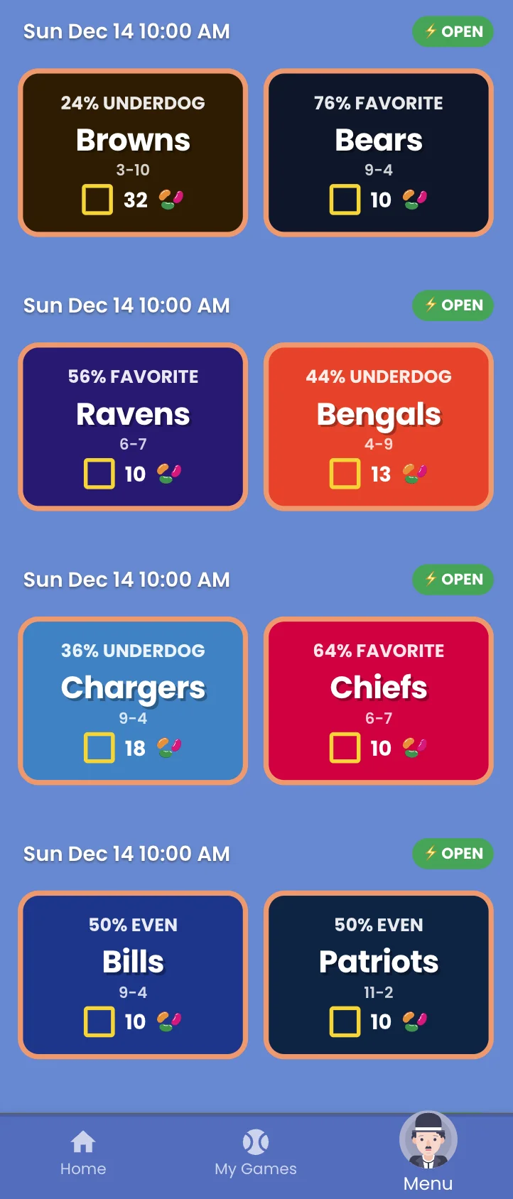 Pick sheet showing NFL games with jelly bean values for each team