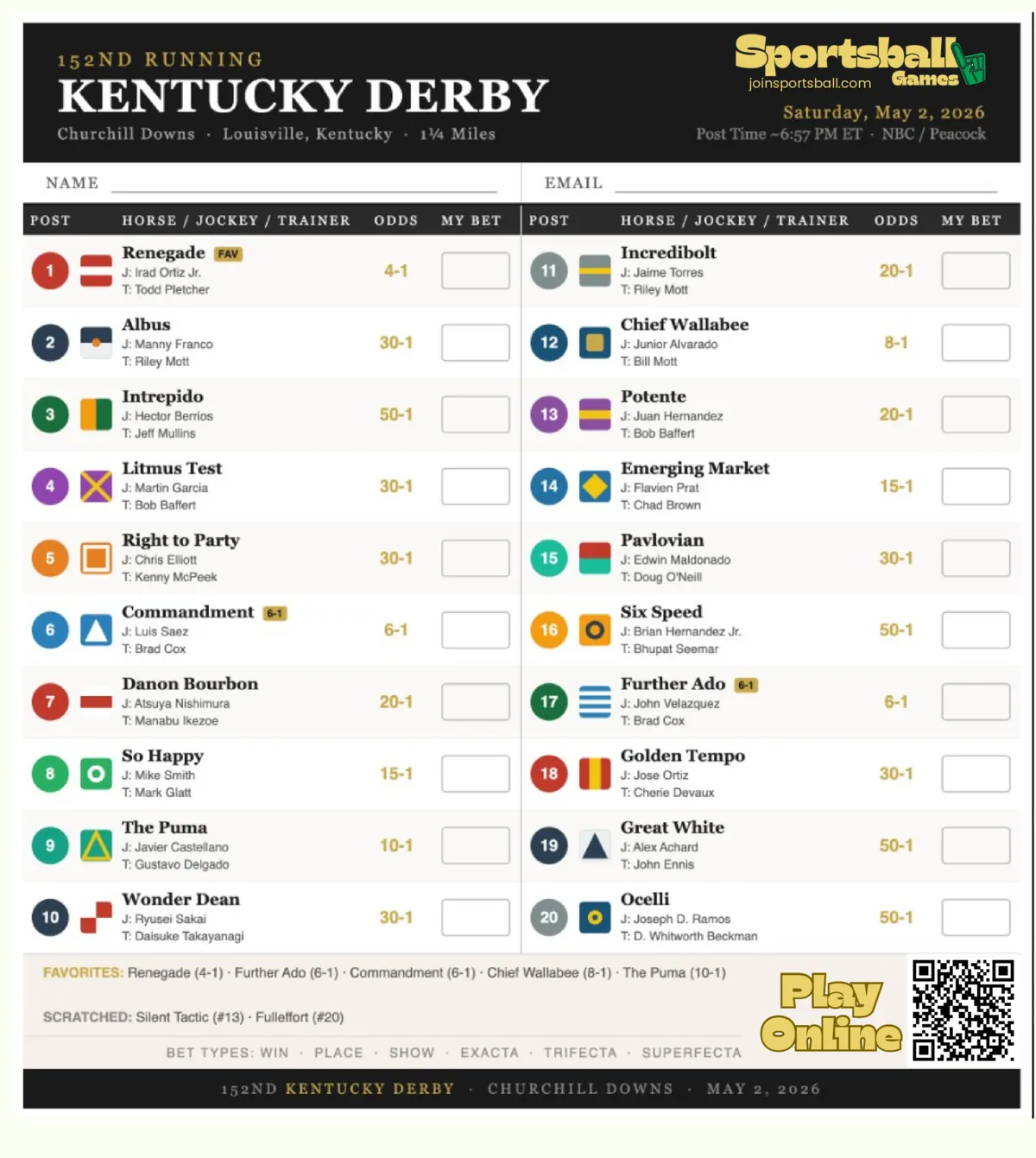 Free printable Kentucky Derby 2026 betting sheets and bet card PDF for Derby Day party picks.
