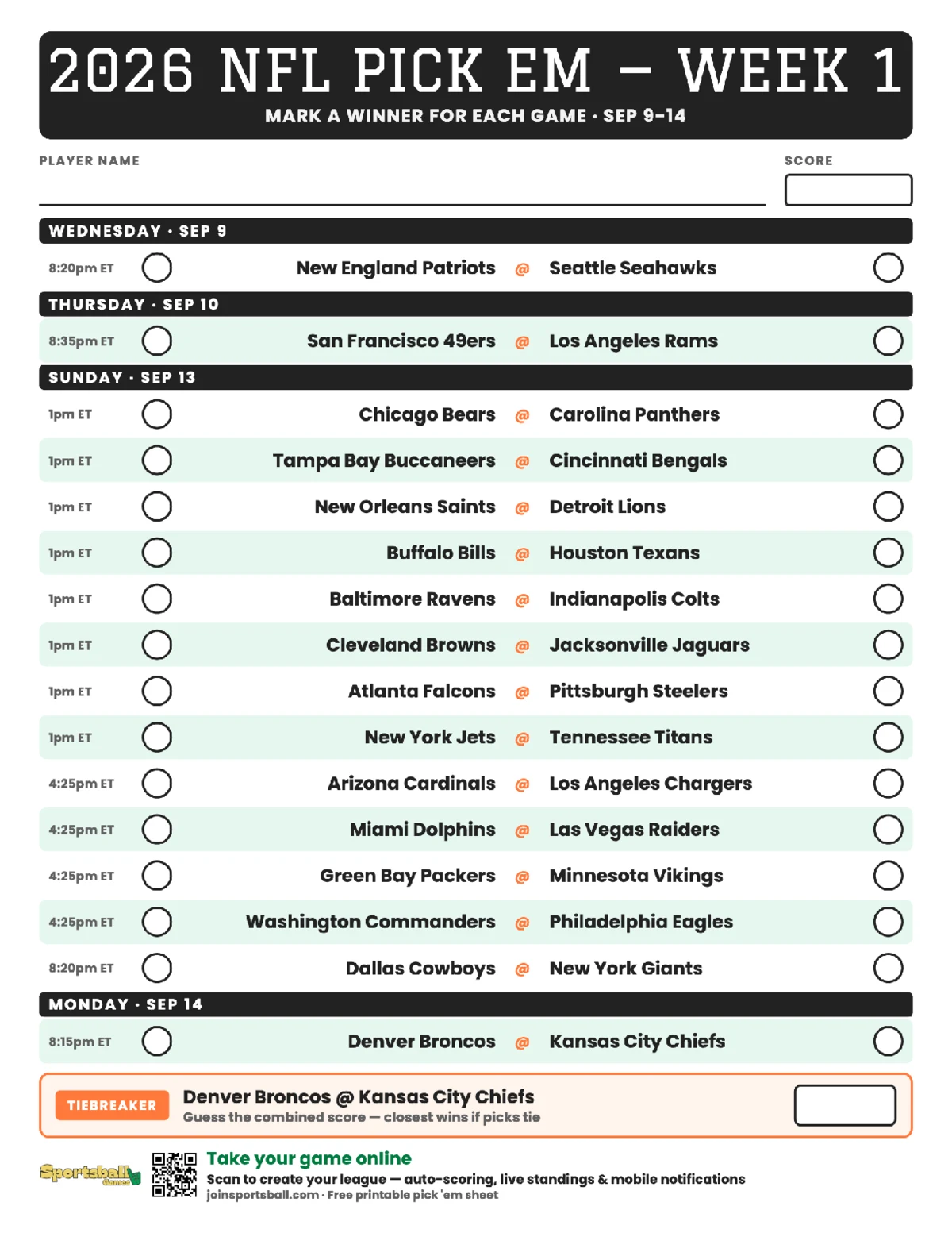 Free printable NFL Week 1 pick em sheet 2026 — game-winner pick spaces and tiebreaker for office pools.