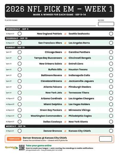 Free printable NFL Week 1 pick em sheet 2026 — game-winner pick spaces and tiebreaker for office pools.