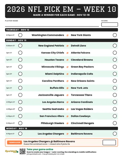 Free printable NFL Week 10 pick em sheet 2026 — game-winner pick spaces and tiebreaker for office pools.