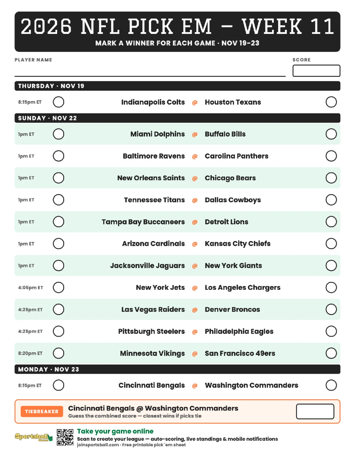 Free printable NFL Week 11 pick em sheet 2026 — game-winner pick spaces and tiebreaker for office pools.
