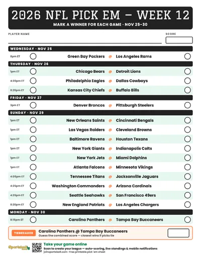 Free printable NFL Week 12 pick em sheet 2026 — game-winner pick spaces and tiebreaker for office pools.
