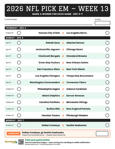 Free printable NFL Week 13 pick em sheet 2026 — game-winner pick spaces and tiebreaker for office pools.