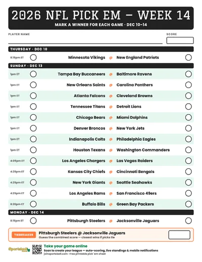 Free printable NFL Week 14 pick em sheet 2026 — game-winner pick spaces and tiebreaker for office pools.