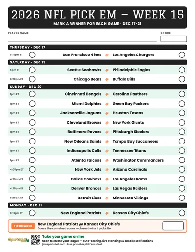 Free printable NFL Week 15 pick em sheet 2026 — game-winner pick spaces and tiebreaker for office pools.