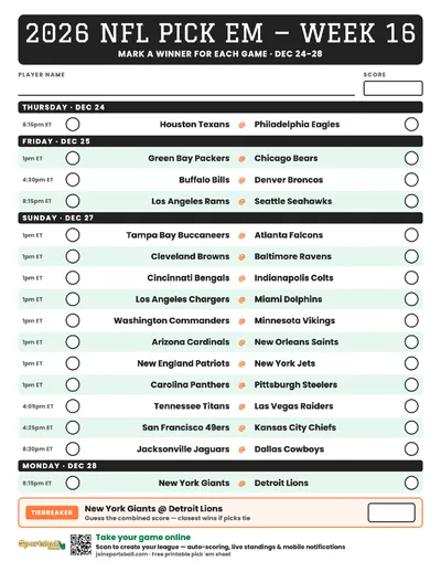 Free printable NFL Week 16 pick em sheet 2026 — game-winner pick spaces and tiebreaker for office pools.