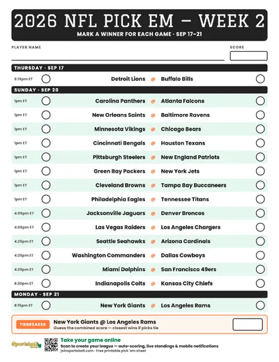 Free printable NFL Week 2 pick em sheet 2026 — game-winner pick spaces and tiebreaker for office pools.