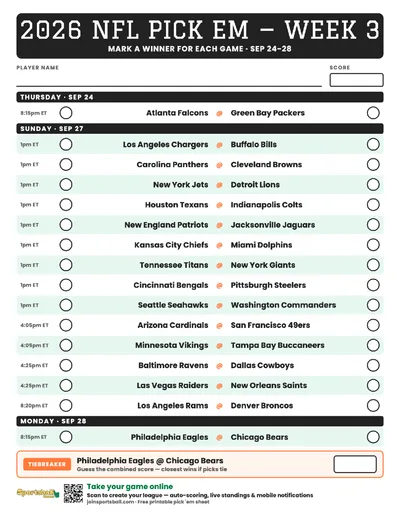 Free printable NFL Week 3 pick em sheet 2026 — game-winner pick spaces and tiebreaker for office pools.