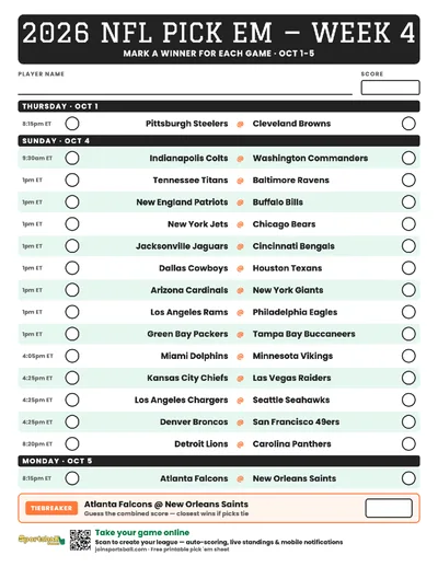Free printable NFL Week 4 pick em sheet 2026 — game-winner pick spaces and tiebreaker for office pools.