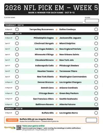 Free printable NFL Week 5 pick em sheet 2026 — game-winner pick spaces and tiebreaker for office pools.