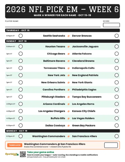 Free printable NFL Week 6 pick em sheet 2026 — game-winner pick spaces and tiebreaker for office pools.