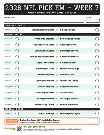 Free printable NFL Week 7 pick em sheet 2026 — game-winner pick spaces and tiebreaker for office pools.