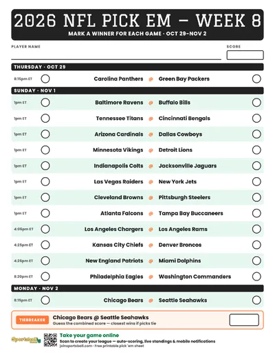 Free printable NFL Week 8 pick em sheet 2026 — game-winner pick spaces and tiebreaker for office pools.