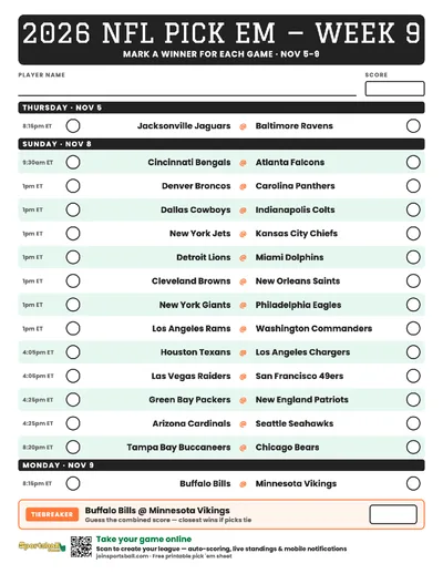 Free printable NFL Week 9 pick em sheet 2026 — game-winner pick spaces and tiebreaker for office pools.