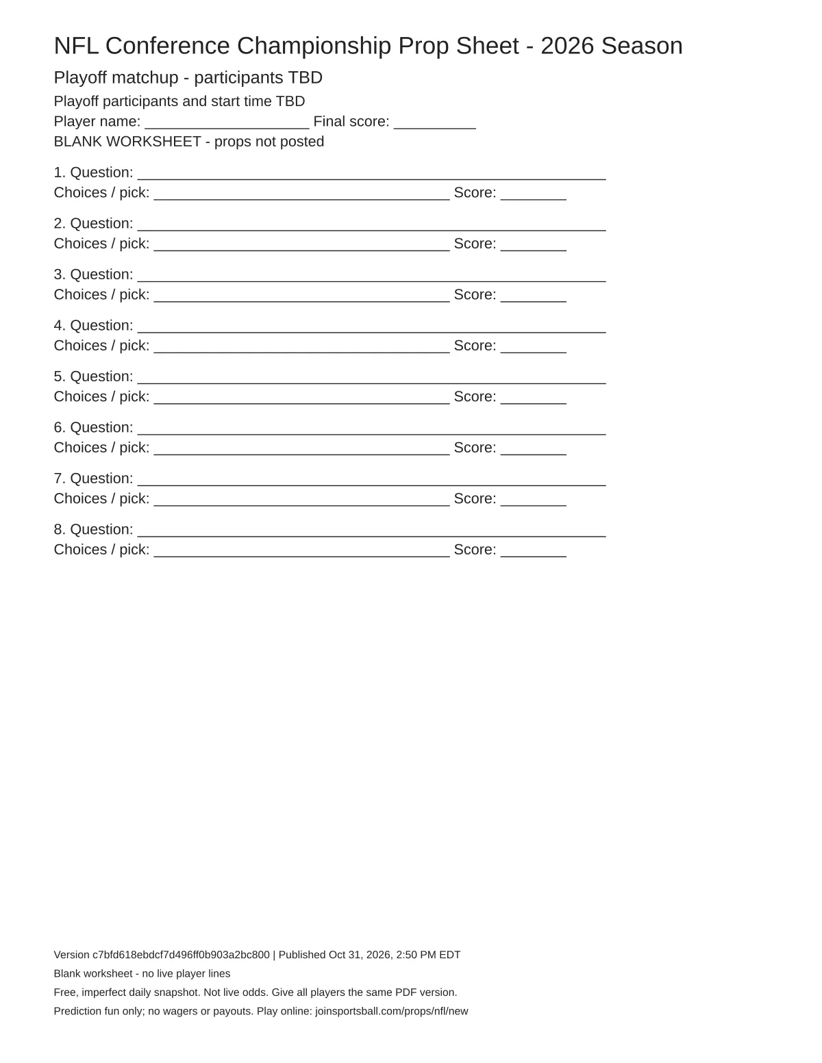 Playoff matchup - participants TBD blank worksheet preview