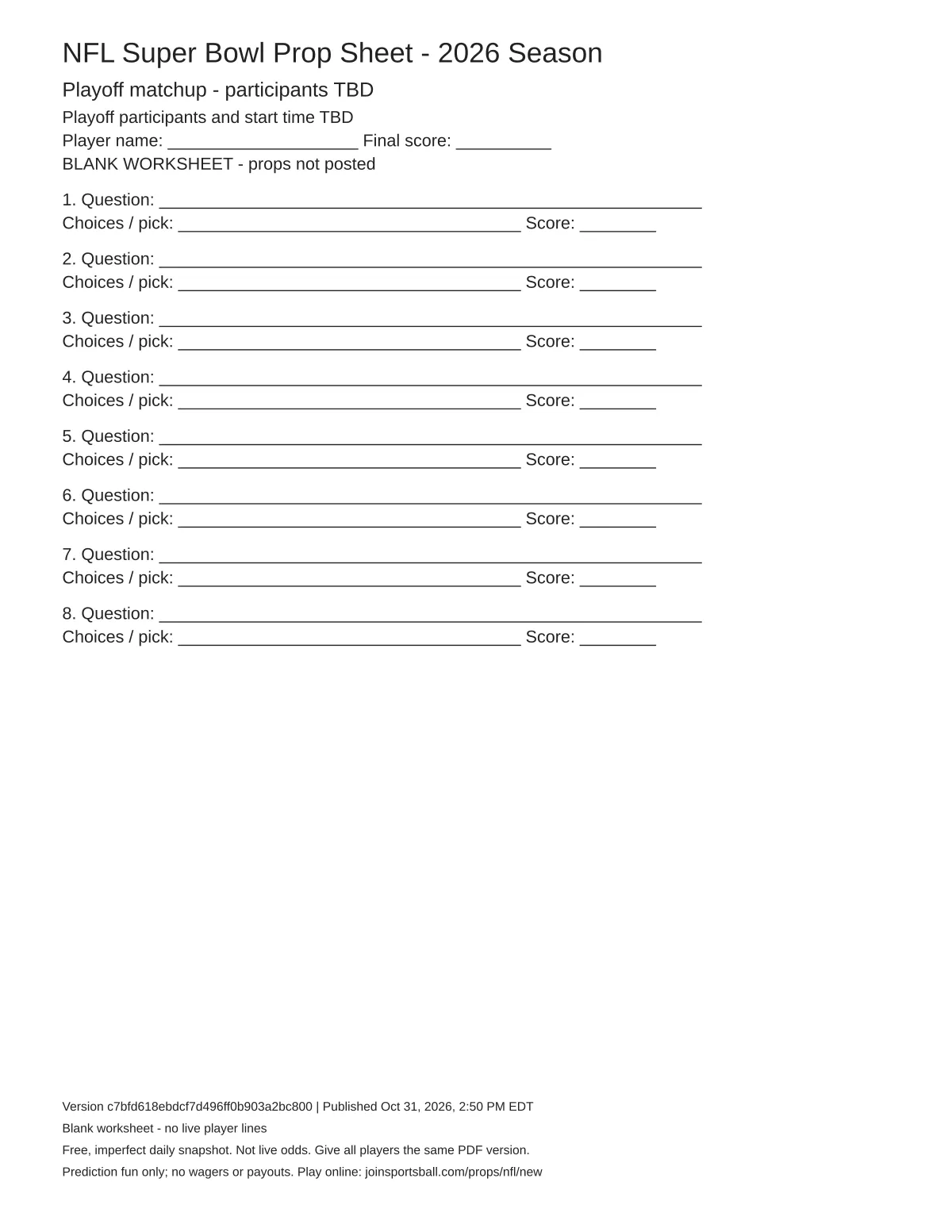 Playoff matchup - participants TBD blank worksheet preview