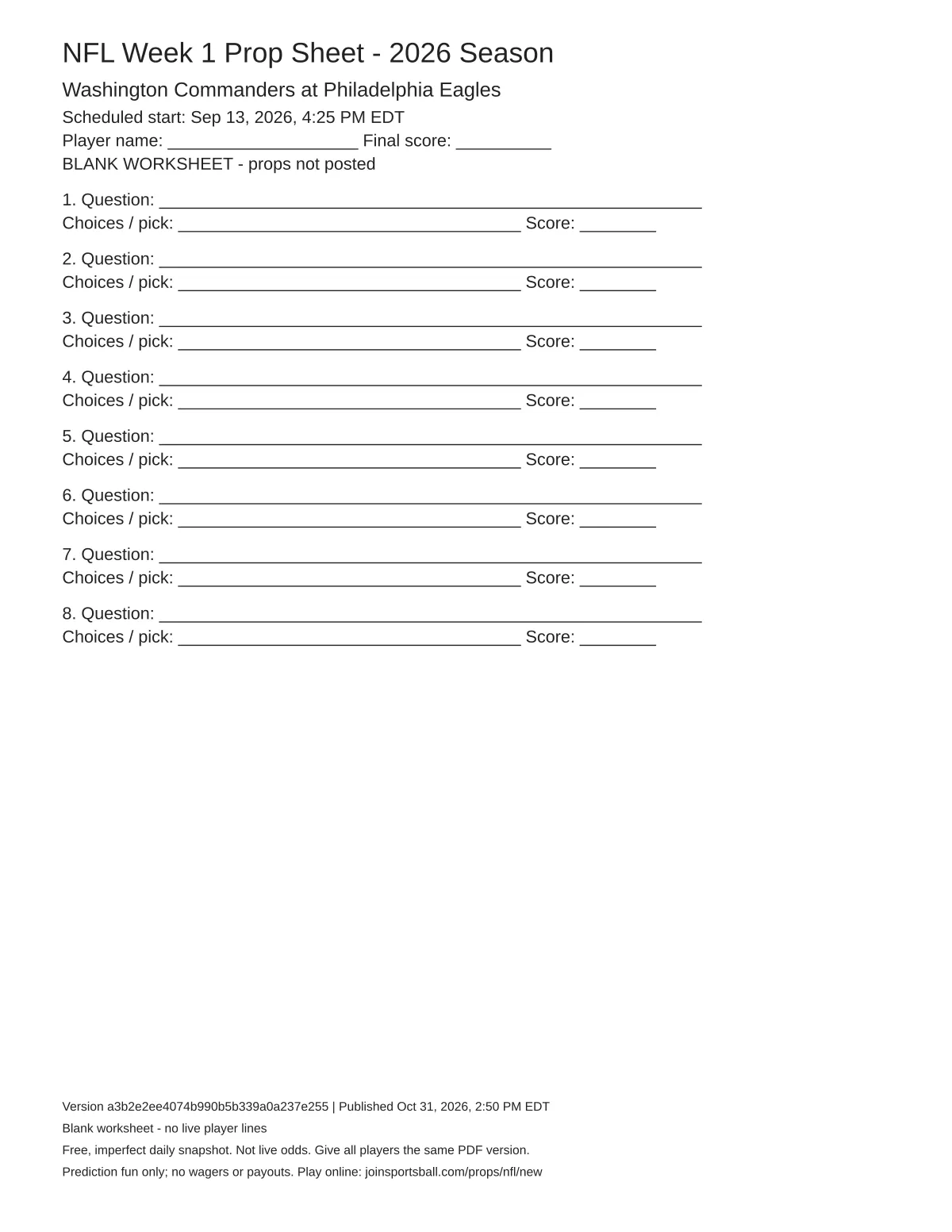 Washington Commanders at Philadelphia Eagles blank worksheet preview