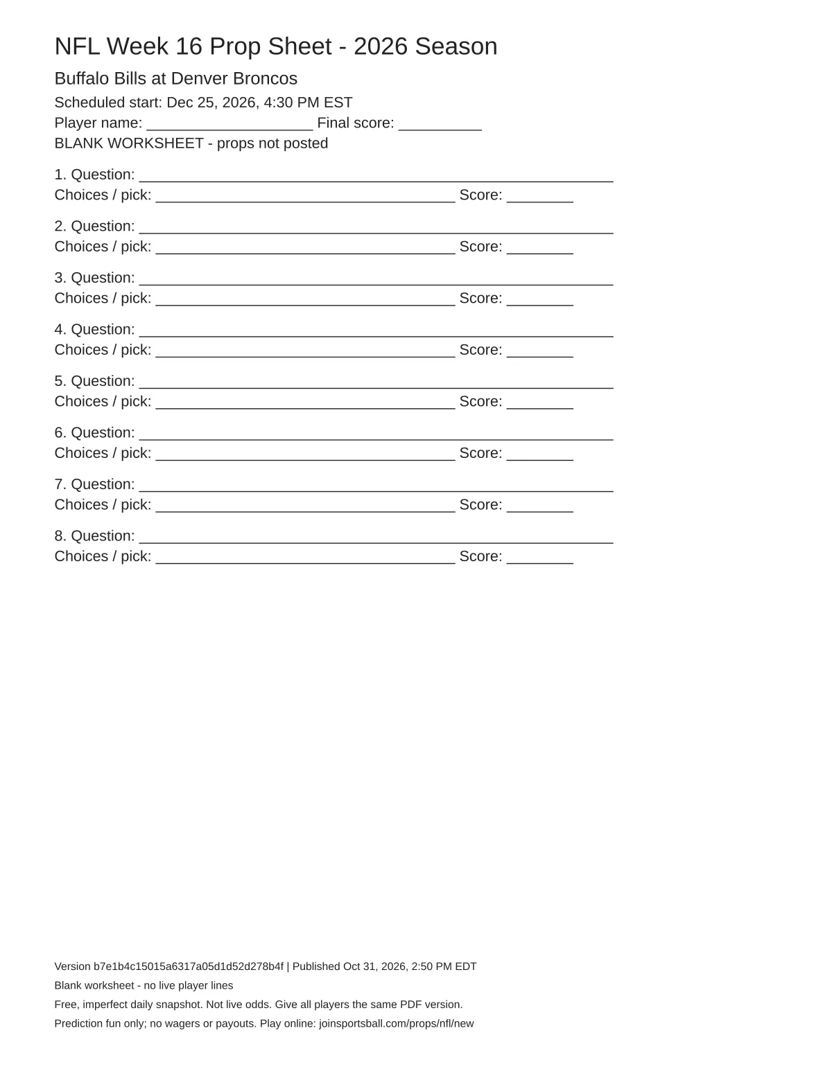 Buffalo Bills at Denver Broncos blank worksheet preview