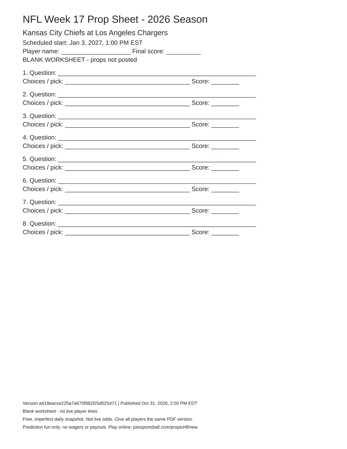 Kansas City Chiefs at Los Angeles Chargers blank worksheet preview