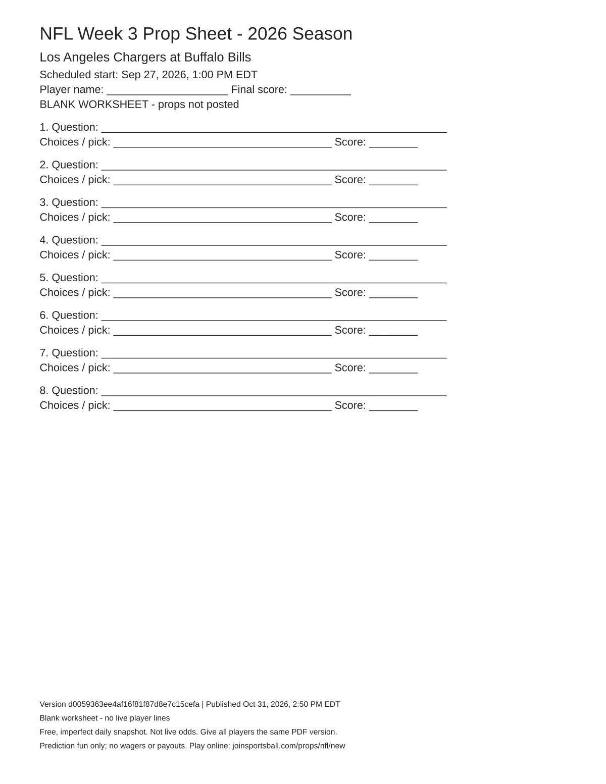Los Angeles Chargers at Buffalo Bills blank worksheet preview