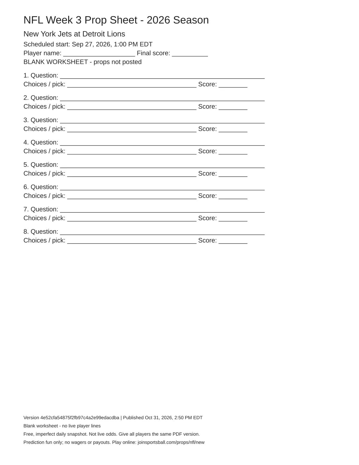 New York Jets at Detroit Lions blank worksheet preview