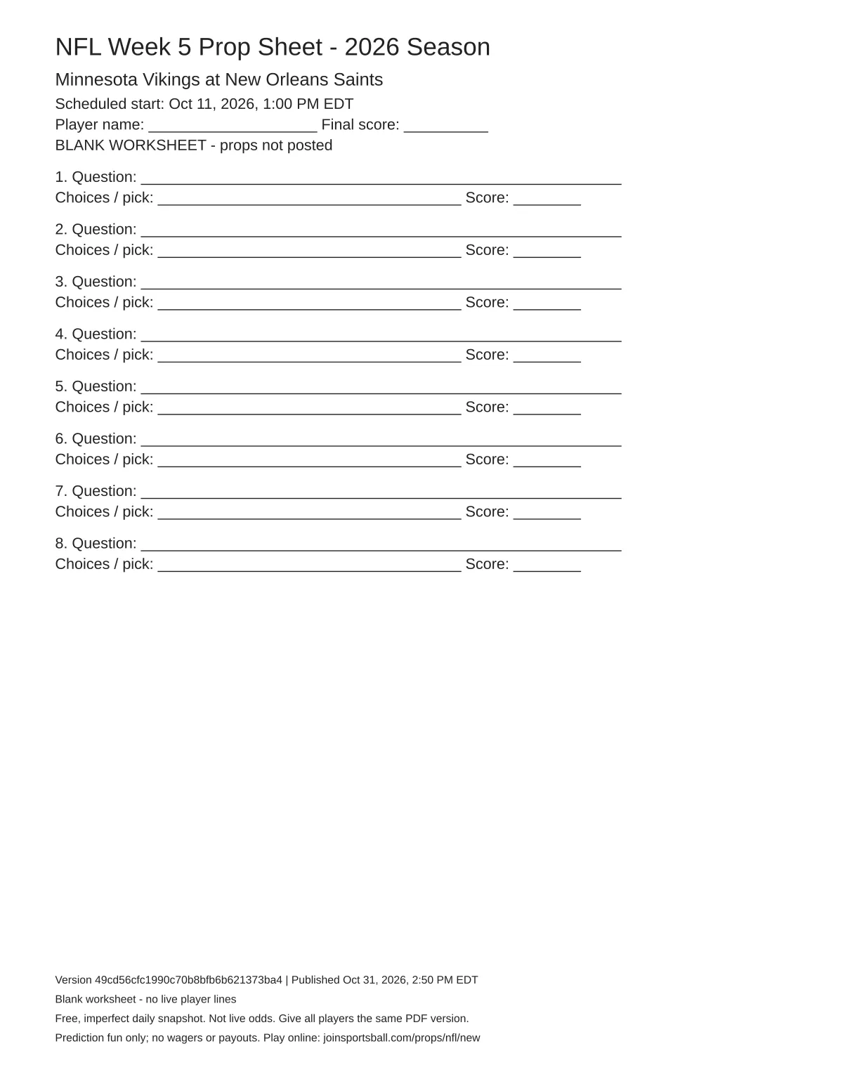Minnesota Vikings at New Orleans Saints blank worksheet preview