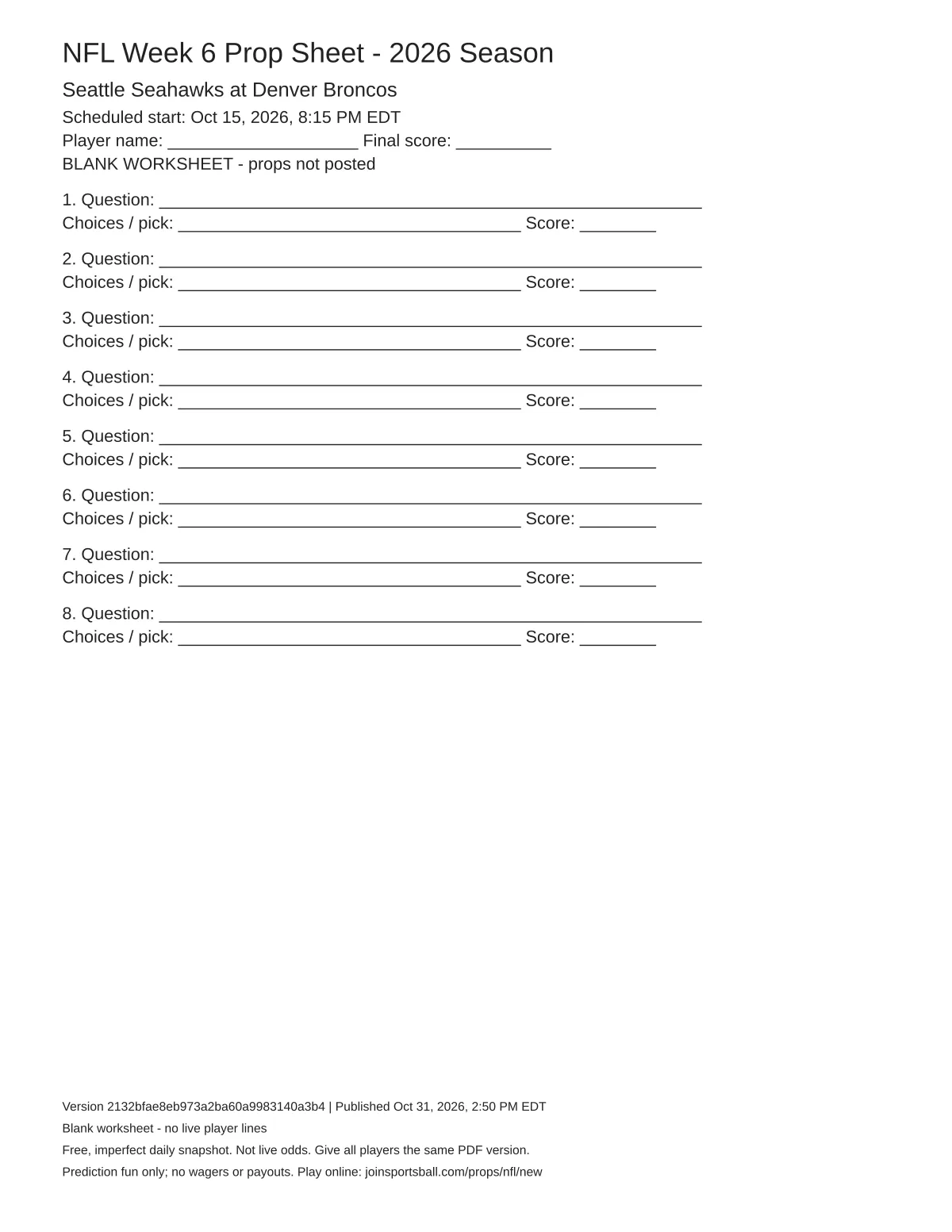 Seattle Seahawks at Denver Broncos blank worksheet preview