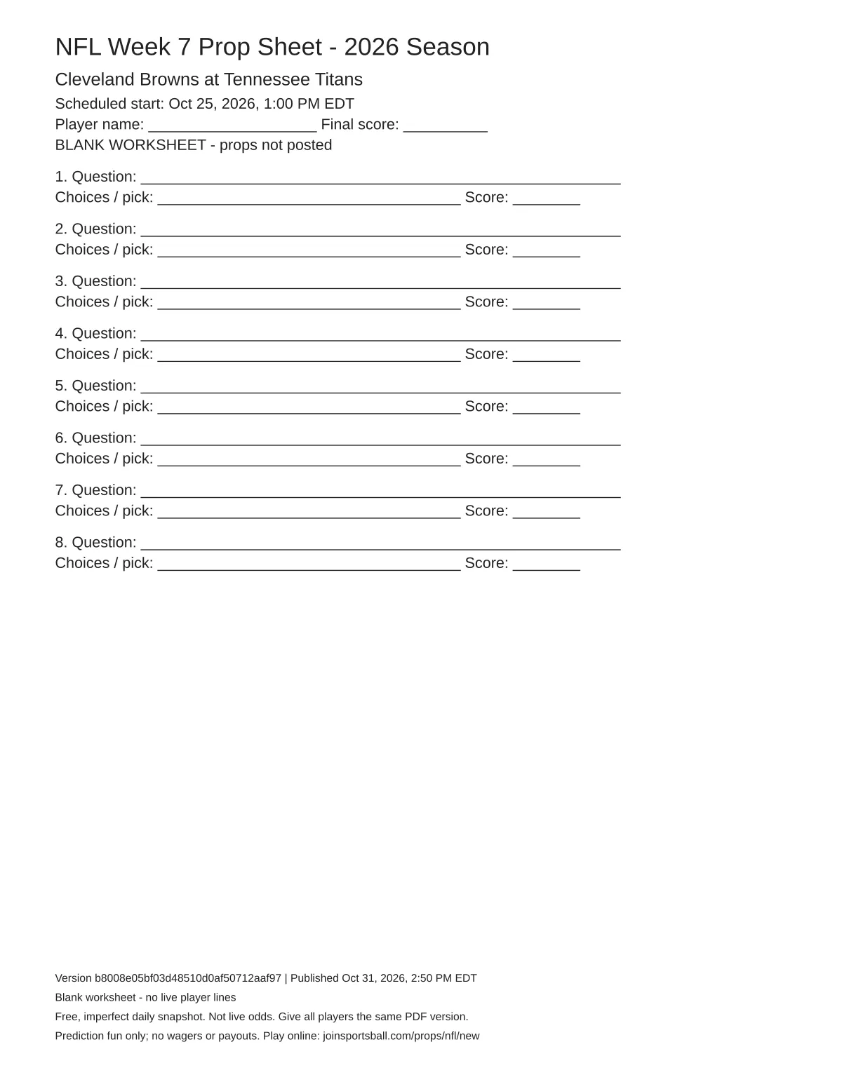 Cleveland Browns at Tennessee Titans blank worksheet preview