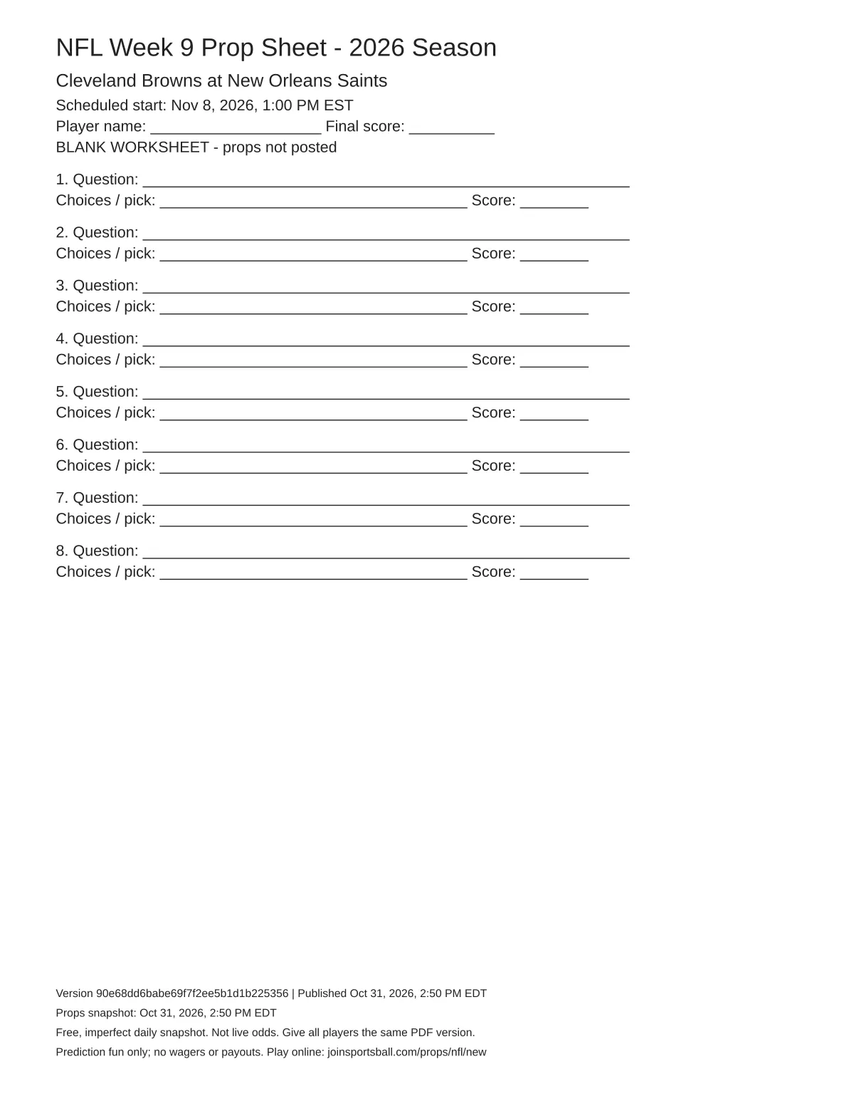 Cleveland Browns at New Orleans Saints blank worksheet preview