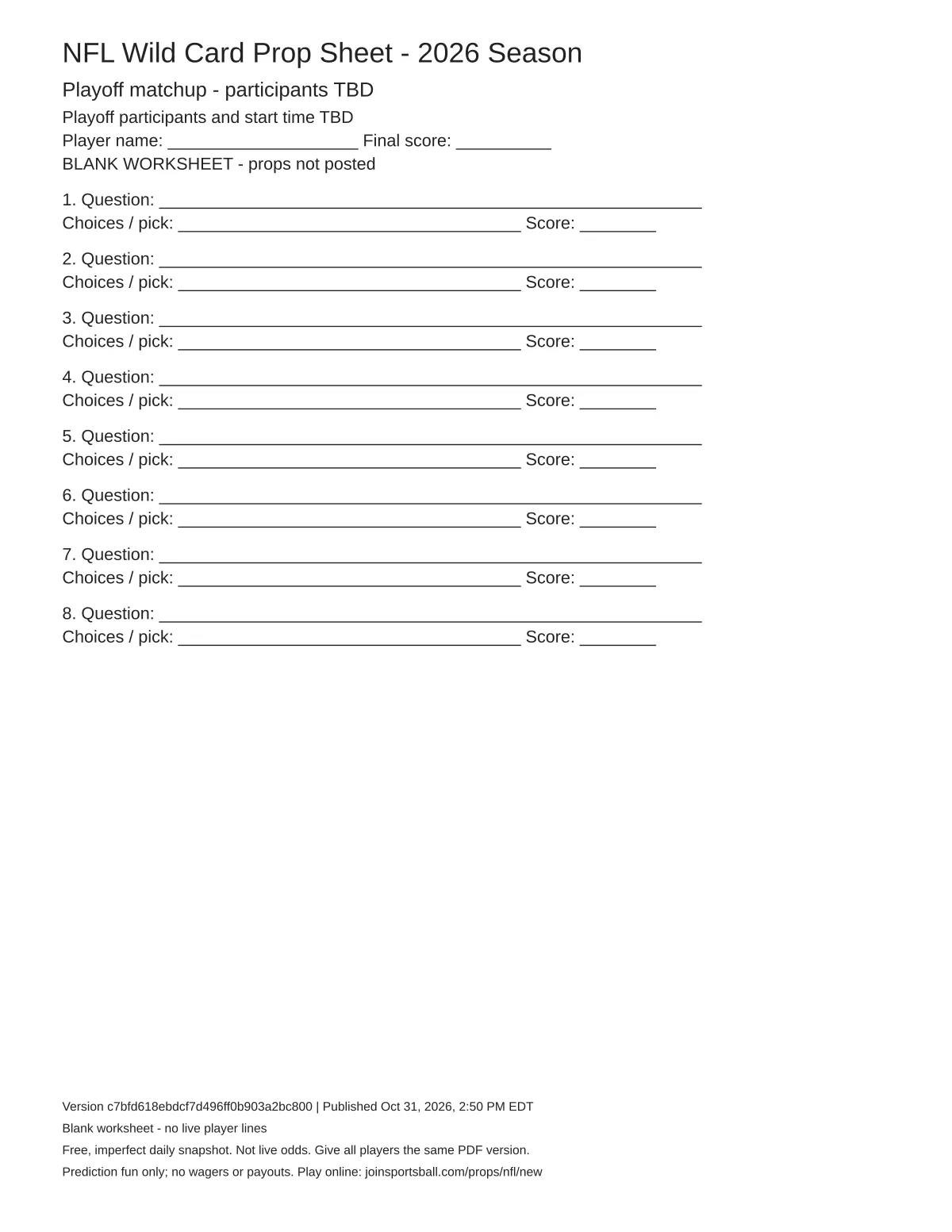 Playoff matchup - participants TBD blank worksheet preview