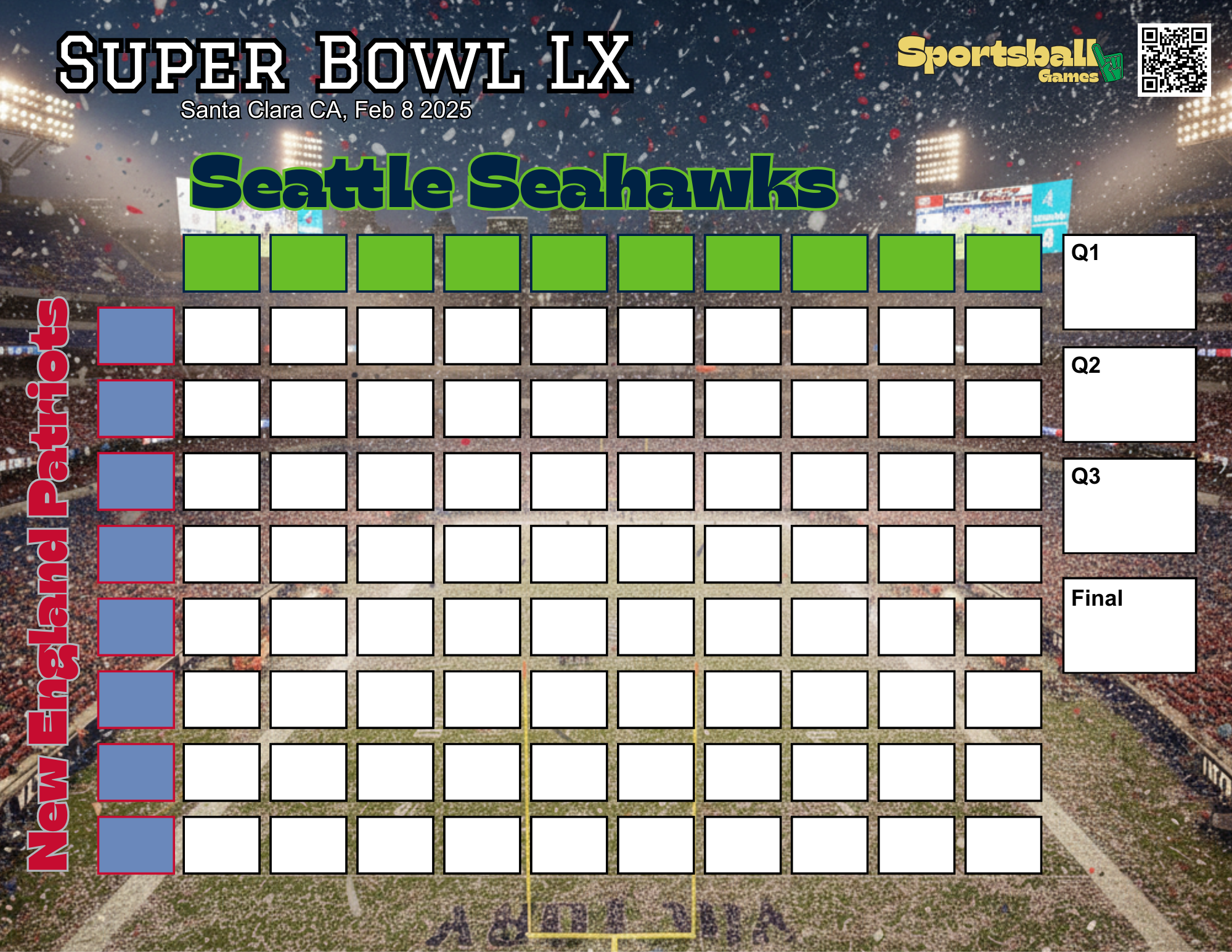 Free printable Super Bowl squares template 2026 - 10x10 grid for Super Bowl LX. Download PDF or PNG.